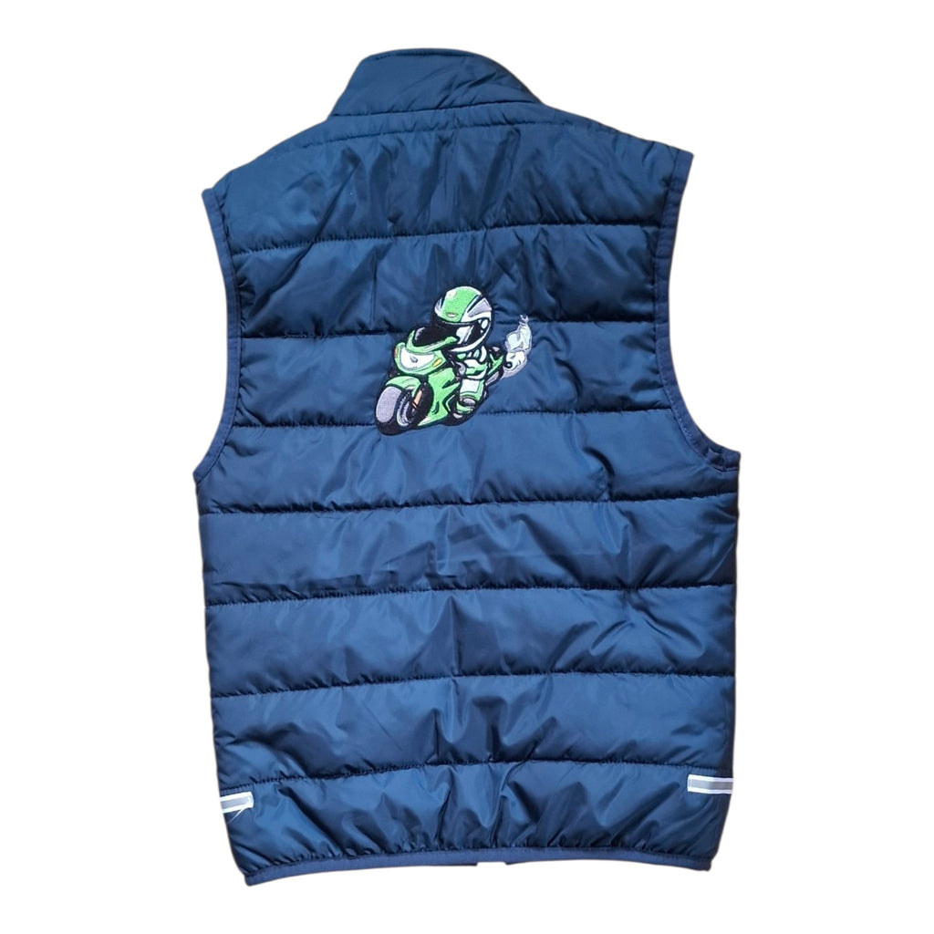 Kids Bodywarmer Embroidered Motorbike Design Lime Green